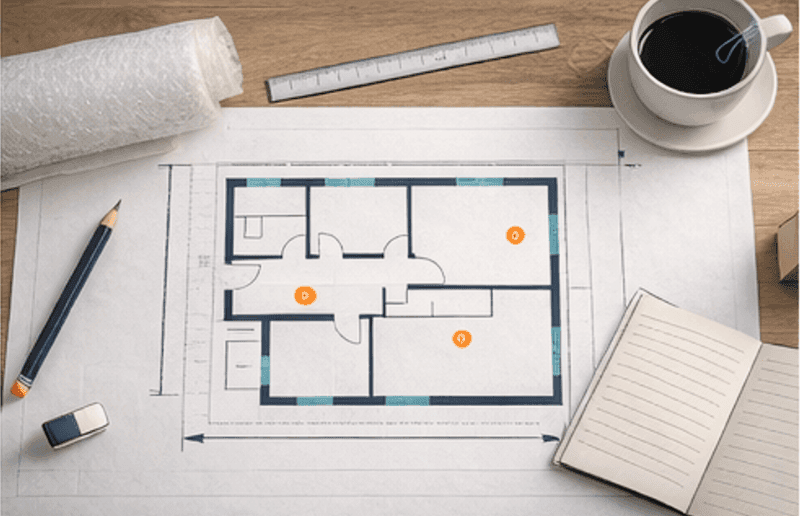 Top-down view of an architect's desk with an unrolled floor plan, pencil, ruler, coffee mug, and notebook — the working surface behind each Relo Prep engagement.