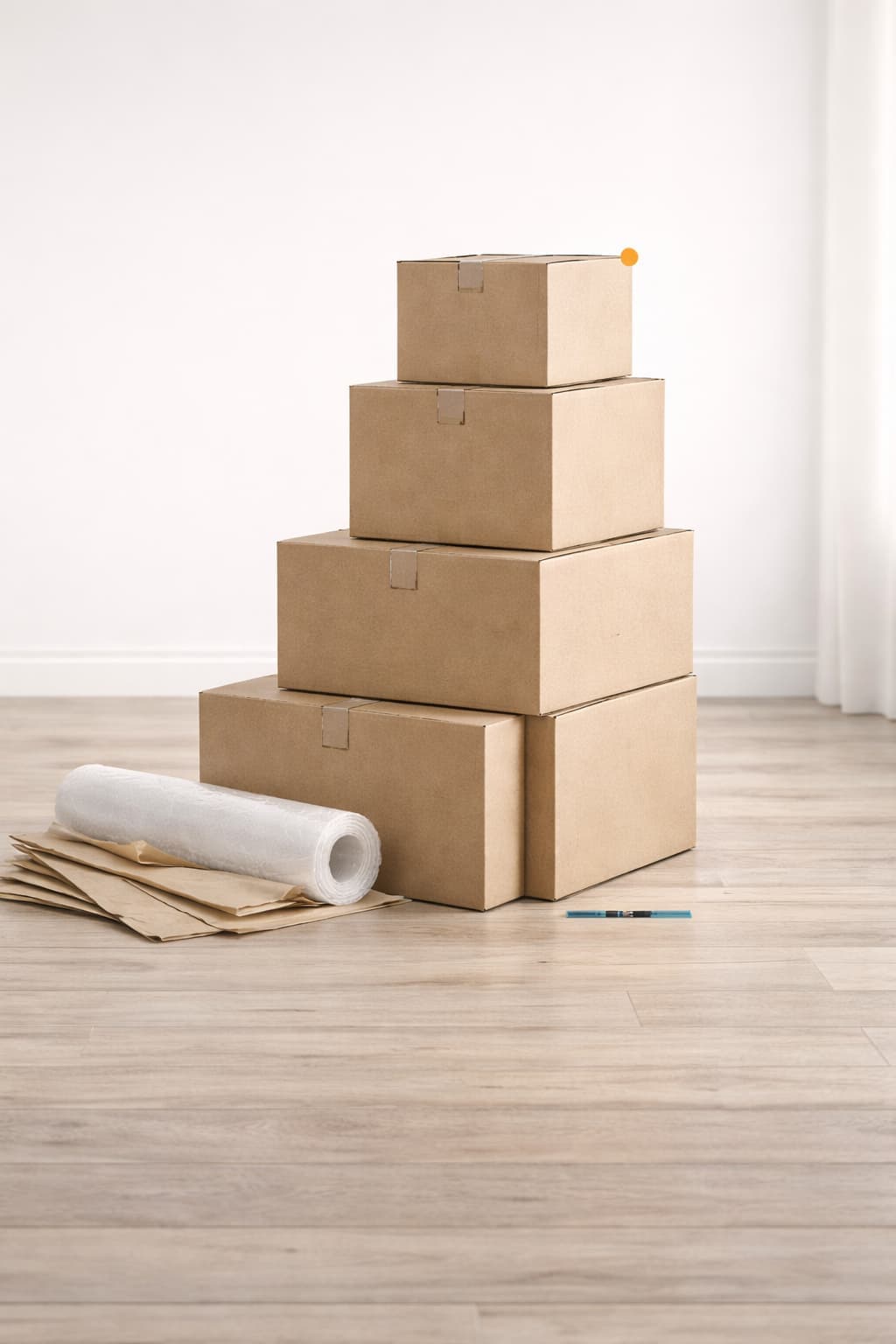 Dimensioned architectural drawing of a stack of moving boxes with width and height marks — illustrating right-sized materials planning.