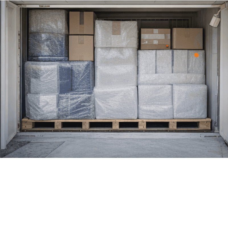 Cross-section architectural elevation of a shipping container showing internal compartments and dimension marks — an international move freight diagram.